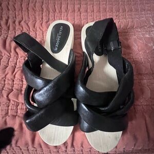 Kelsi Dagger Black Leather Crisscross Mule Wedges